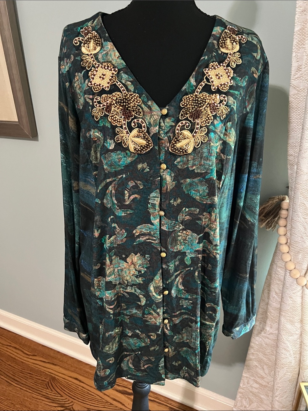 Soft Surroundings Teal and Gold Embellished Button-Down Top